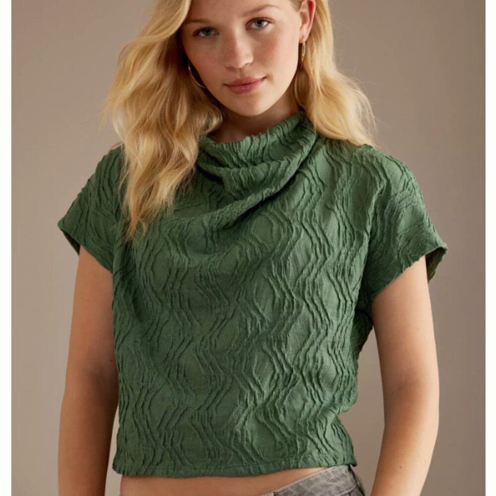 Anthropologie Textured Funnel-Neck Top in Dark Green